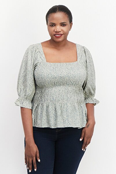 Cream بلوزة نسائية بطبعة كاملة وأكمام 3/4 ورقبة مربعة، لون أخضر بحري عاصف