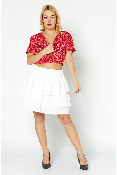 NA-KD Women V-Neck Short Sleeve Allover Print Blouse, Red