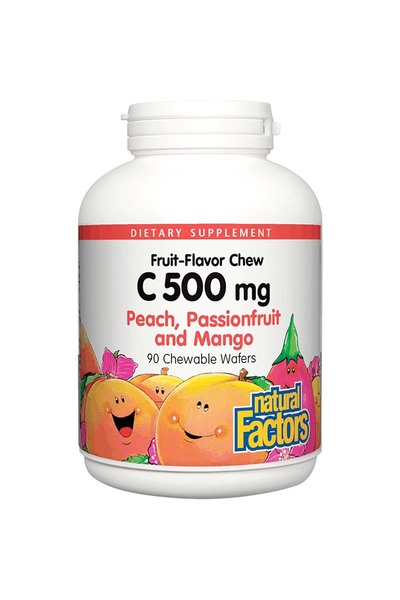 Natural Factors فيتامين سي 500 ملغ رقاقة قابلة للمضغ، خوخ فاكهة العاطفة والمانجو، 90 رقاقة قابلة للمضغ