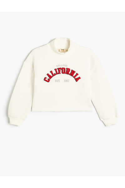 Koton Crop Oversize Kolej Sweatshirt Dik Yaka Şardonlu