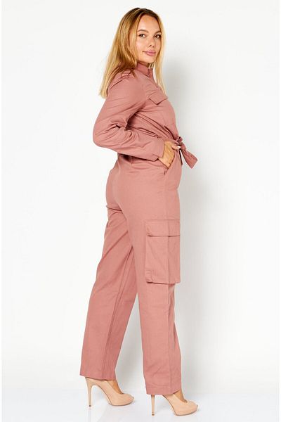 NA-KD Women Spread Collar Long Sleeves Solid Belted Jumpsuit, Dark Blush