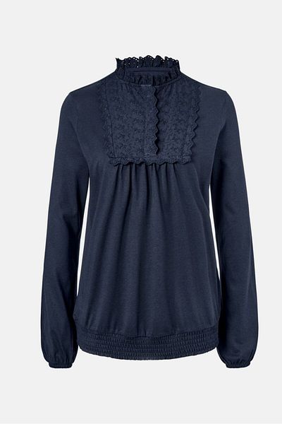 Tchibo Women Crew Neck Long Sleeve Eyelet Blouse, Navy Blue