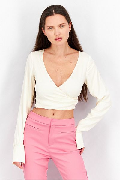 NA-KD Women Surplice Neck Long Sleeve Plain Wrapped Top, Beige