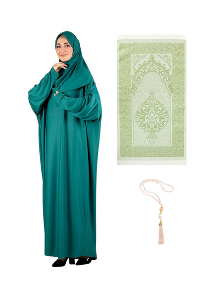 Modish Group Islamic Clothing Set - Prayer Dress, Scarf, Prayer Rug, Rosary and Ferace Turban Shawl