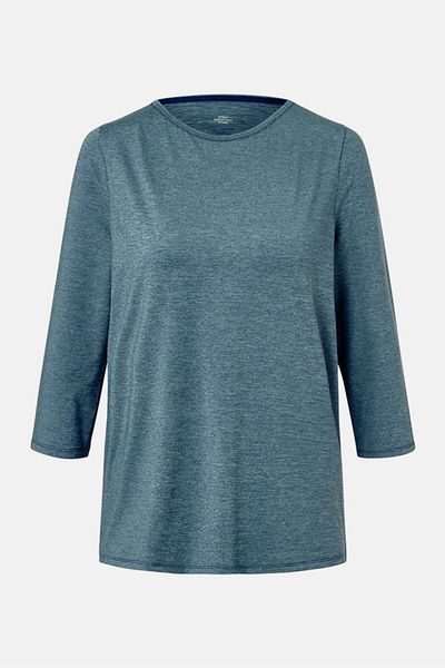 Tchibo Women Round Neck Three Quarter Sleeve Plain Top, Dark Sage