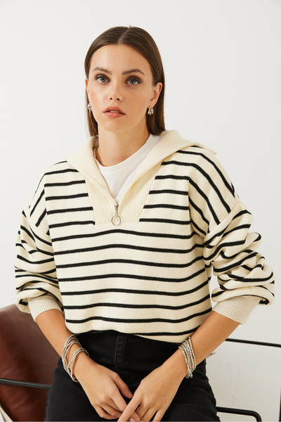 Bianco Lucci Γυναικείο πλεκτό πουλόβερ με ριγέ φερμουάρ