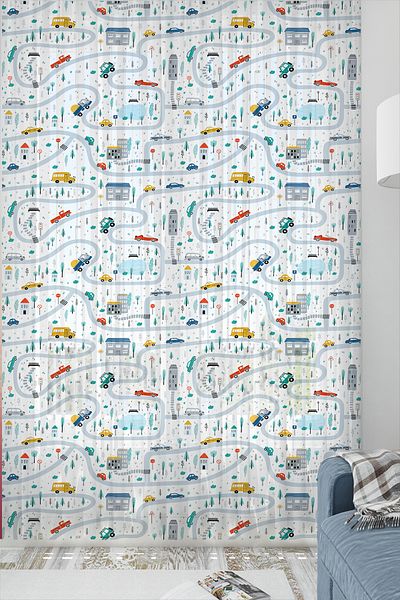 Else Dekor Car Driving Traffic Patterned Boys' Room Tulle Curtain 140X260Cm