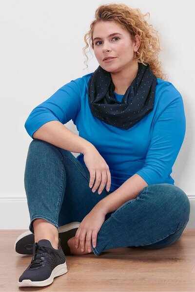 Tchibo Women Round Neck Elbow Sleeve Plain Blouse, Blue