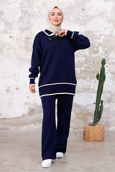 Bestenur Σετ πλεκτό και παντελόνι Karyel Navy Blue - 1230