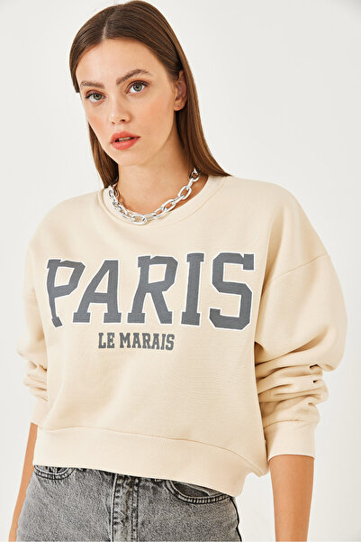 Bianco Lucci Kadın Paris Baskılı Üç İplik Şardonlu Sweatshirt