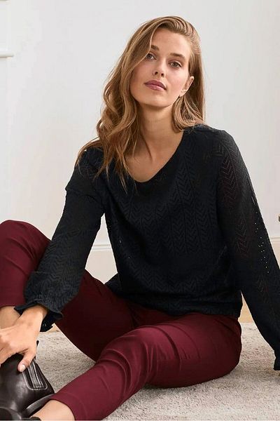 Tchibo Women Scoop Neck Long Sleeve Textured Top, Black