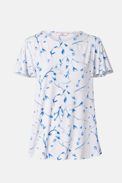 Tchibo Women Round Neck Short Sleeve Allover Print Top, White And Blue