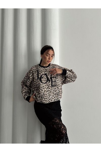SEDA FİDAN Μπεζ φούτερ Yumoş Leopard με σχέδιο - Love Written