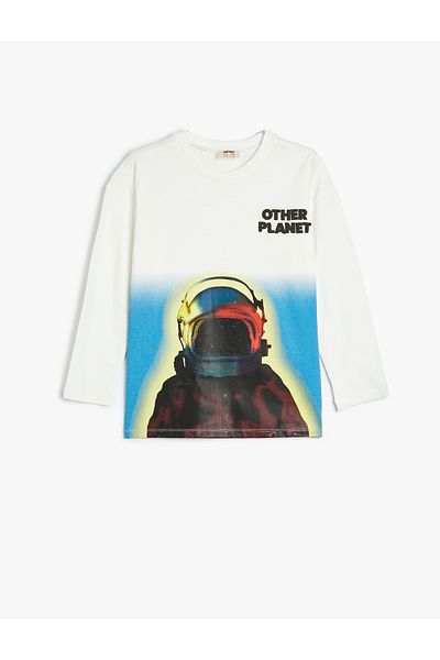 Koton Long Sleeve Crew Neck Astronaut Printed Cotton T-Shirt