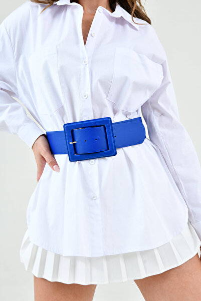 lovebox Curea de îmbrăcăminte pentru femei, din piele artificială albastră, cu design elegant, cu cataramă, cu bandă lată, 15525