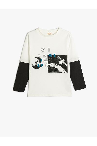Koton Space Printed Cotton Long Sleeve Crew Neck T-Shirt