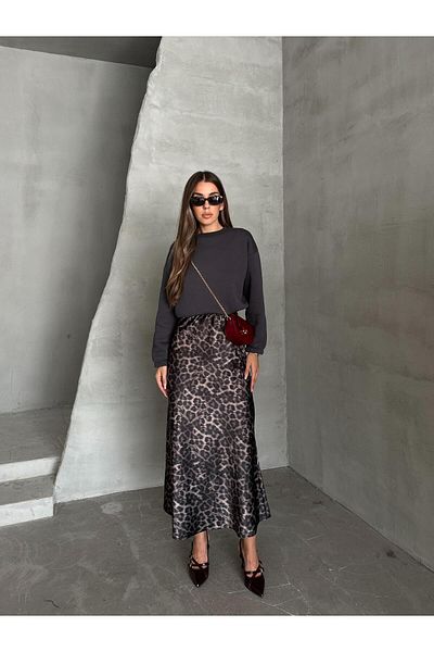 SEDA FİDAN Fusta maxi din satin cu model leopard de culoare antracit
