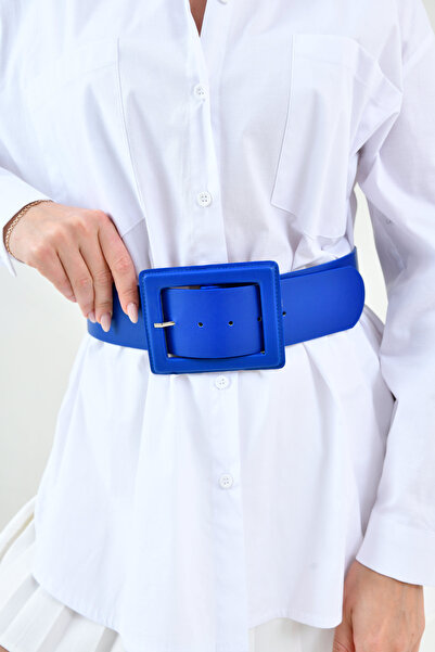 lovebox Curea de îmbrăcăminte pentru femei, din piele artificială albastră, cu design elegant, cu cataramă, cu bandă lată, 15525