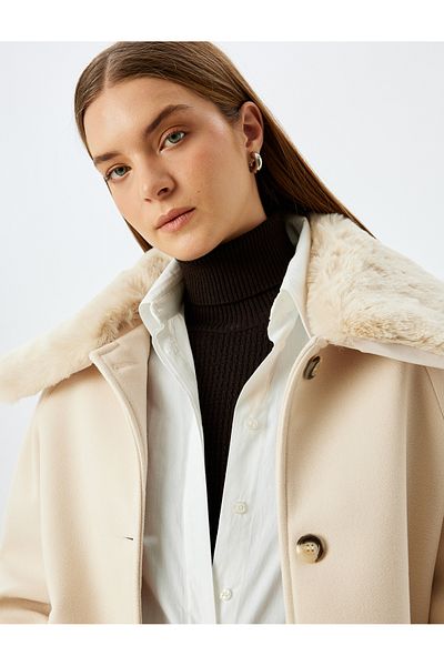 Koton Double Breasted Stamp Coat with Removable Faux Fur Collar