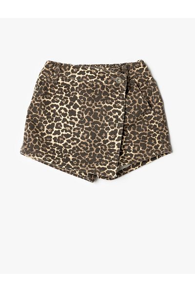 Koton Bavlněné dvouřadé džínové šortky s leopardím vzorem sukně - detail na knoflík