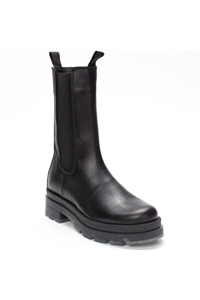 Celal Gültekin Kadın Siyah Fermuarlı Kalın Tabanlı Deri Bot