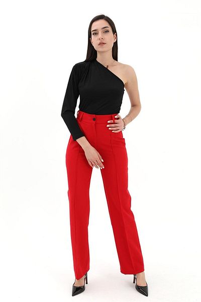VAPUR Red Atlas Fabric Trousers - Beaded Front