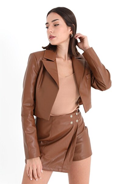 VAPUR Tan Leather Shorts Skirt - Button Detailed