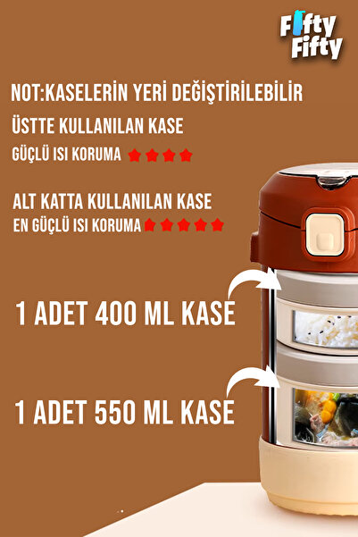 Vagonlife Çelik Yemek Termosu Isı Yalıtımlı 2 Kaseli 1.8LT Sızdırmaz Vakumlu Kap Taşıma Askılı -FF10