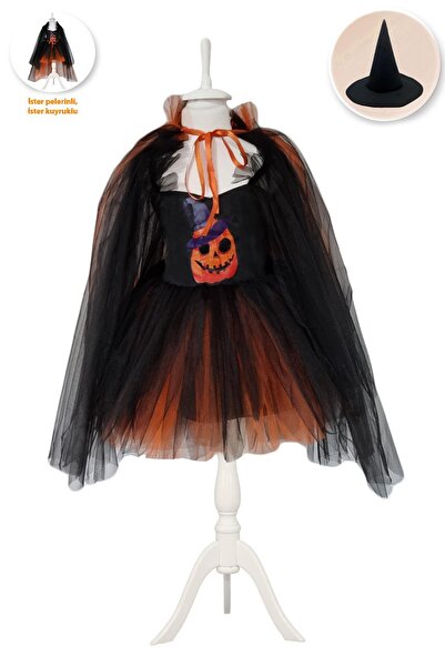 Mashotrend Kuyruklu Bal Kabağı Tül Kollu Cadı Kostümü + Cadı Şapkası, Cadılar...