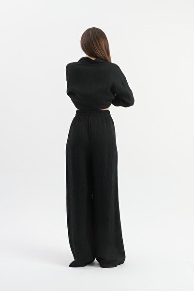 VAPUR TEKSTİL Black High Waist Pocket Crinkle Trousers