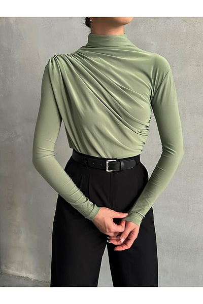 BEJNA Khakifarbene Damenbluse mit Kordelzug und Stehkragen