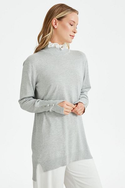 Tığ Triko COLLAR RIFFER DETAILED KNITWEAR TUNIC GRAY