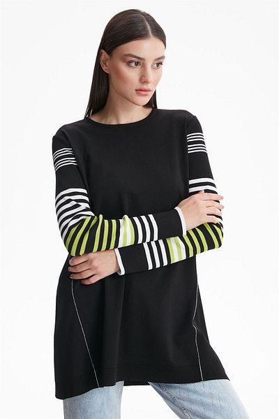 Tığ Triko Μανίκια Ριγέ Basic Rayon Knitwear Μαύρο