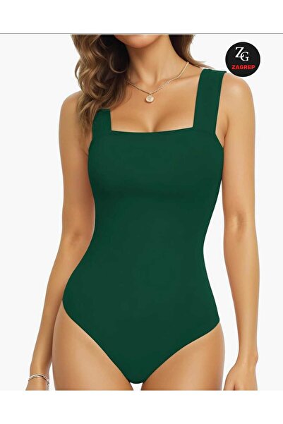 Zagrep Women's Emerald Green Wide Strap Square Collar No Inner Silk Jersey Body
