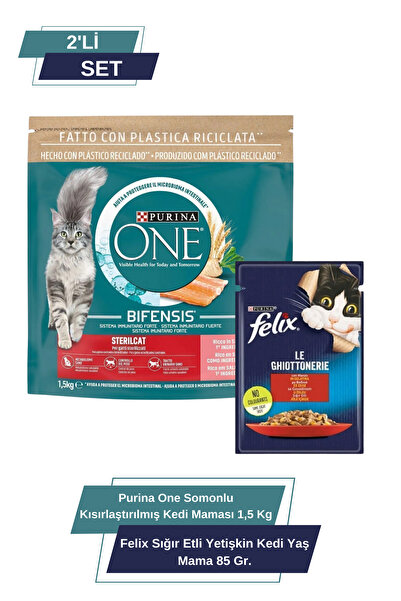 Purina One Purina One Somonlu Kısırlaştırılmış Kedi Maması 1,5 Kg & Felix Sığ...
