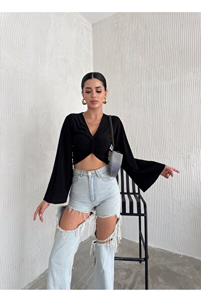 QUTTA Kadın Siyah Önü Burgulu İspanyol Kol Uzun Kol Crop Bluz