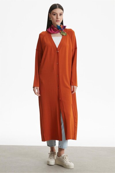 Tığ Triko TERS DİKİŞ DETAYLI RAYON HIRKA ORANJ