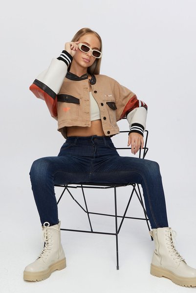 Black Level Women's Oversize Denim Jacket with Leather Trim on Sleeves, Buttoned Biker Coat, Printed Racer College Jacket
