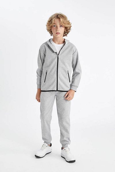 DeFacto Boy's Basic Plain Gray Hooded Pocket Zippered Sweatshirt C8188A824Au