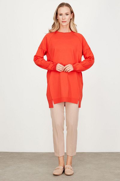 Tığ Triko WITH REVERSE SEWING DETAIL BASIC KNITWEAR TUNIC CORAL
