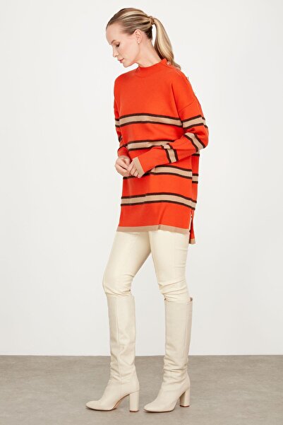 Tığ Triko Omzu Düğme Detaylıı Çizgili Tunik Oranj