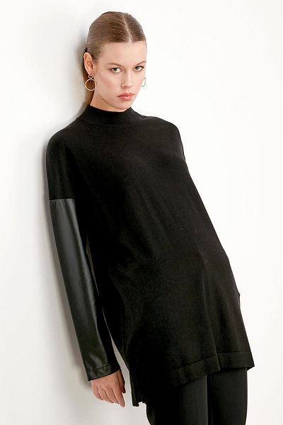 Tığ Triko TUNIC BLACK WITH LEATHER DETAIL ON SLEEVES