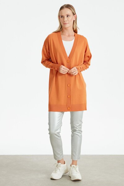 Tığ Triko PATI VE KOLU ÇİZGİ DETAYLI RAYON HIRKA SOMON