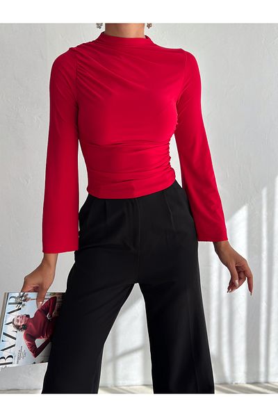 QUTTA Women's Red Stand Collar Spanish Sleeve Shoulder and Side Gathered Long Sleeve Blouse