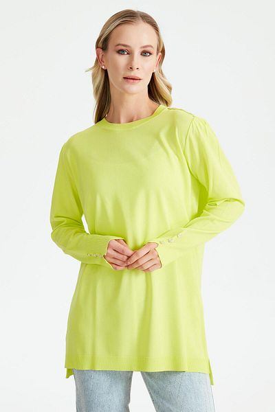 Tığ Triko RAYON TUNIC NEON WITH STRINGED ARMS AND BUTTON DETAIL