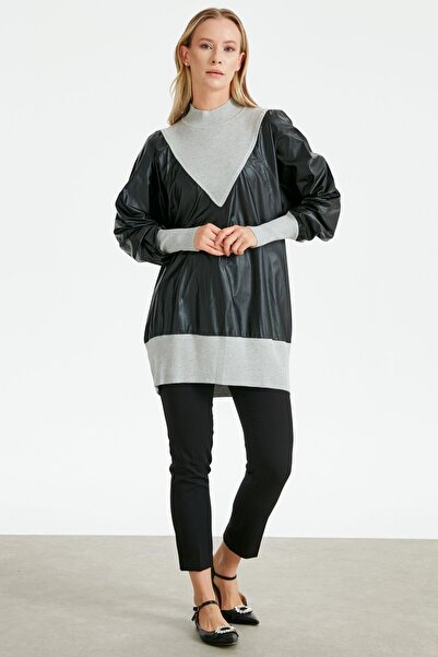 Tığ Triko DERİ KOMBİNLİ TRİKO TUNİK GRİ