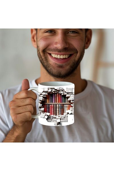 Evion Bookshelf Library Printed 3D Design Ceramic Mug - Gift Mug Cup