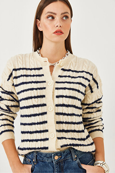 Bianco Lucci Γυναικεία πλεκτή ζακέτα με ριγέ μαλλιά 85001011