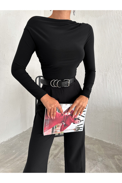 QUTTA Dámská černá halenka s dlouhým rukávem z pískové tkaniny na ramenou a bočním nabíráním