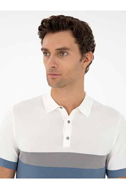 Cacharel Mavi Slim Fit Polo Yaka Keten Karışımlı Triko T-shirt 50293243-VR036